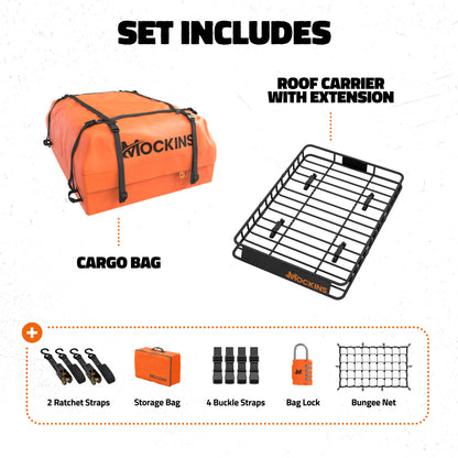 50"x36"x4.5" Extendable Roof Carrier & 18 Cu Ft Orange Roof Bag