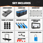 An infographic titled 'SET INCLUDES' showing multiple included items arranged in a grid: cargo basket, cargo bag, bungee net, three 1.5" straps, ratchet straps, license plate holder, hitch stabilizer, hitch lock, hitch & bag lock, and reflectors.