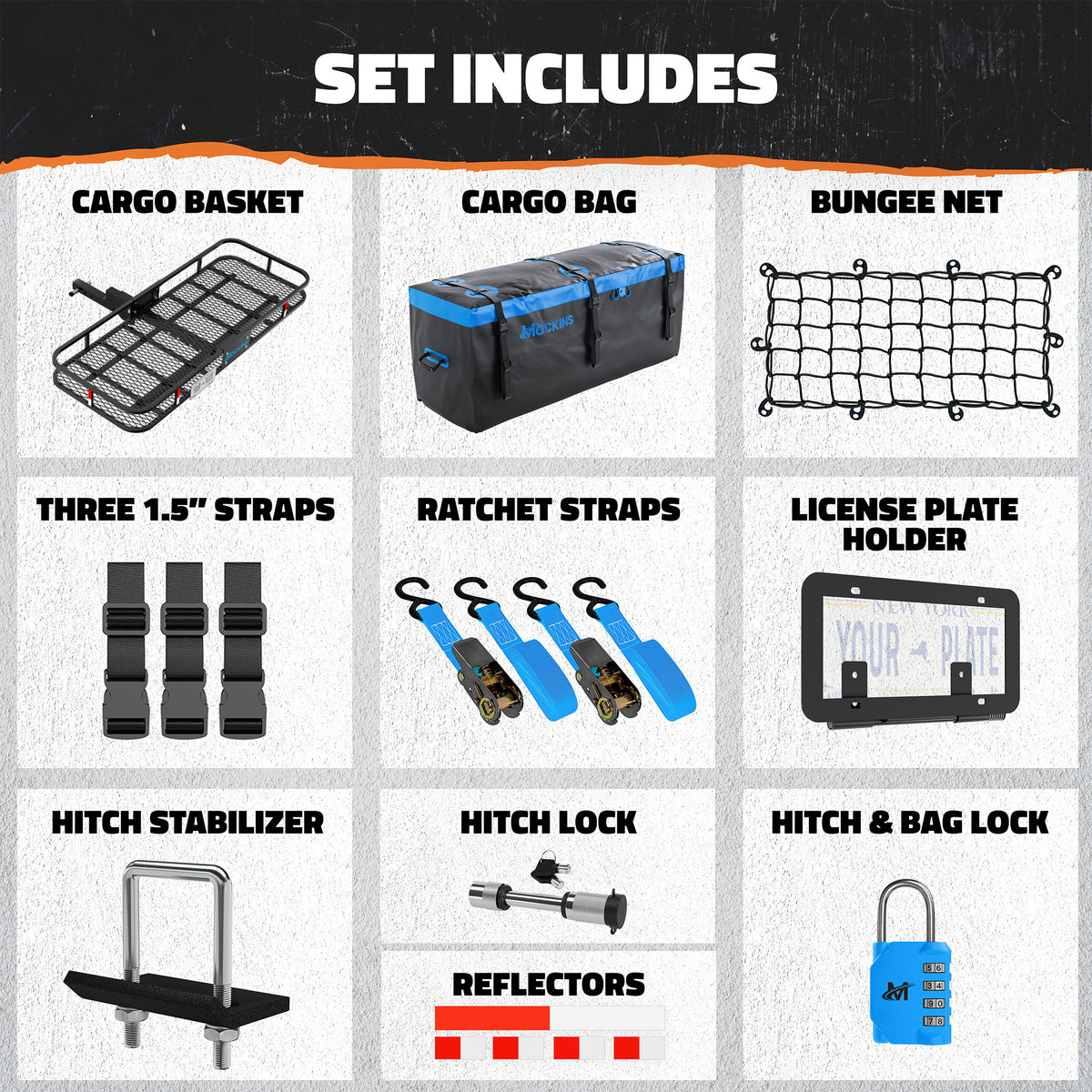 An infographic titled 'SET INCLUDES' showing multiple included items arranged in a grid: cargo basket, cargo bag, bungee net, three 1.5" straps, ratchet straps, license plate holder, hitch stabilizer, hitch lock, hitch & bag lock, and reflectors.