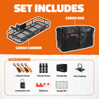 A product set graphic showing a black cargo carrier rack, a black cargo bag, and several included accessories on an orange and white background. The cargo bag has the Mockus brand name visible.