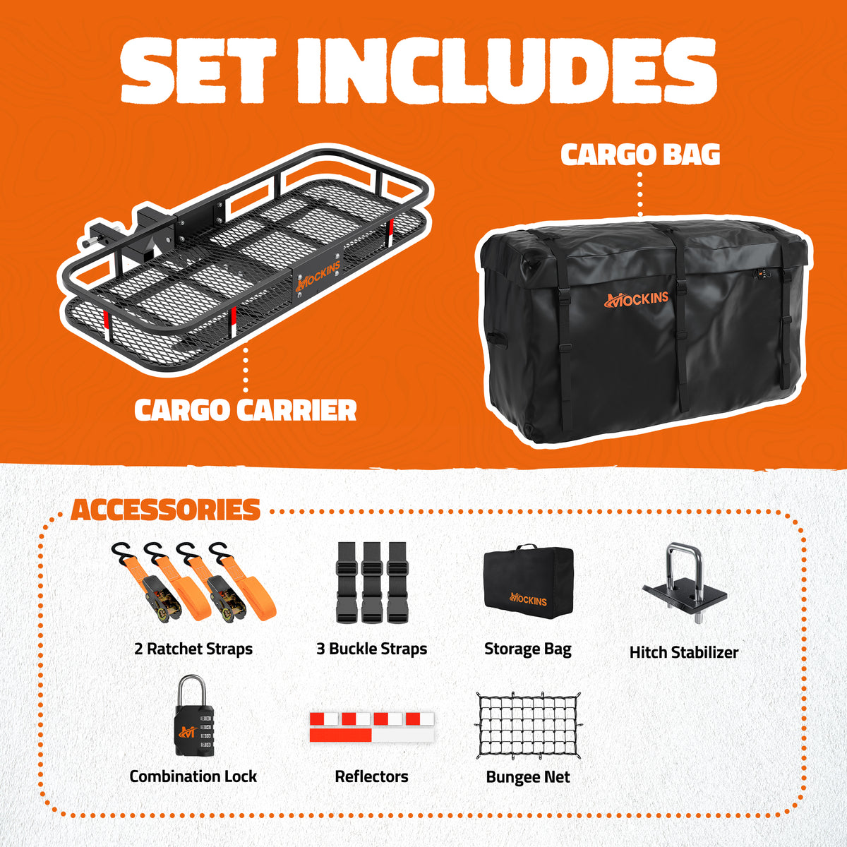 A product set graphic showing a black cargo carrier rack, a black cargo bag, and several included accessories on an orange and white background. The cargo bag has the Mockus brand name visible.