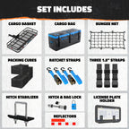 An infographic titled 'SET INCLUDES' showing multiple included items in a 3x3 grid: a cargo basket, cargo bag, bungee net, packing cubes, ratchet straps, three 1.5" straps, a hitch stabilizer, a hitch and bag lock, and a license plate holder.
