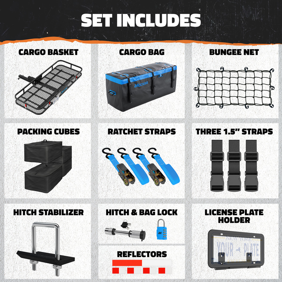 An infographic titled 'SET INCLUDES' showing multiple included items in a 3x3 grid: a cargo basket, cargo bag, bungee net, packing cubes, ratchet straps, three 1.5" straps, a hitch stabilizer, a hitch and bag lock, and a license plate holder.
