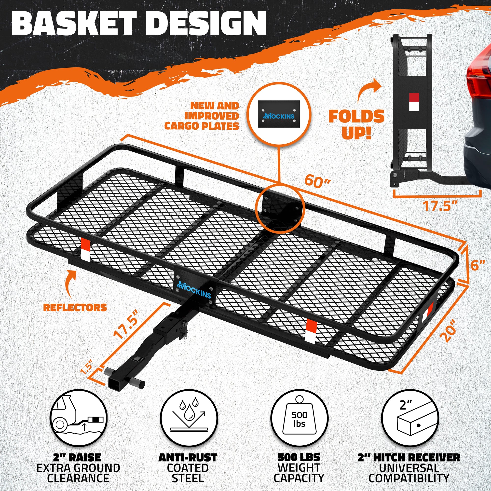 60"x20"x6" Car Cargo Carrier Hitch Mount | 500 lbs Cap. Folding Hitch ...