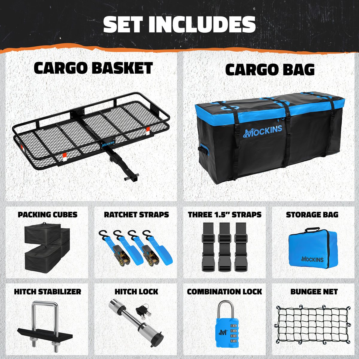 60&quot;x20&quot;x6&quot; Car Cargo Carrier Hitch Mount | 500 lbs Cap. Folding Hitch Basket with 4 29&quot;x19&quot;x12&quot; Packing Cubes &amp; 16 CF Cargo Bag | Blue