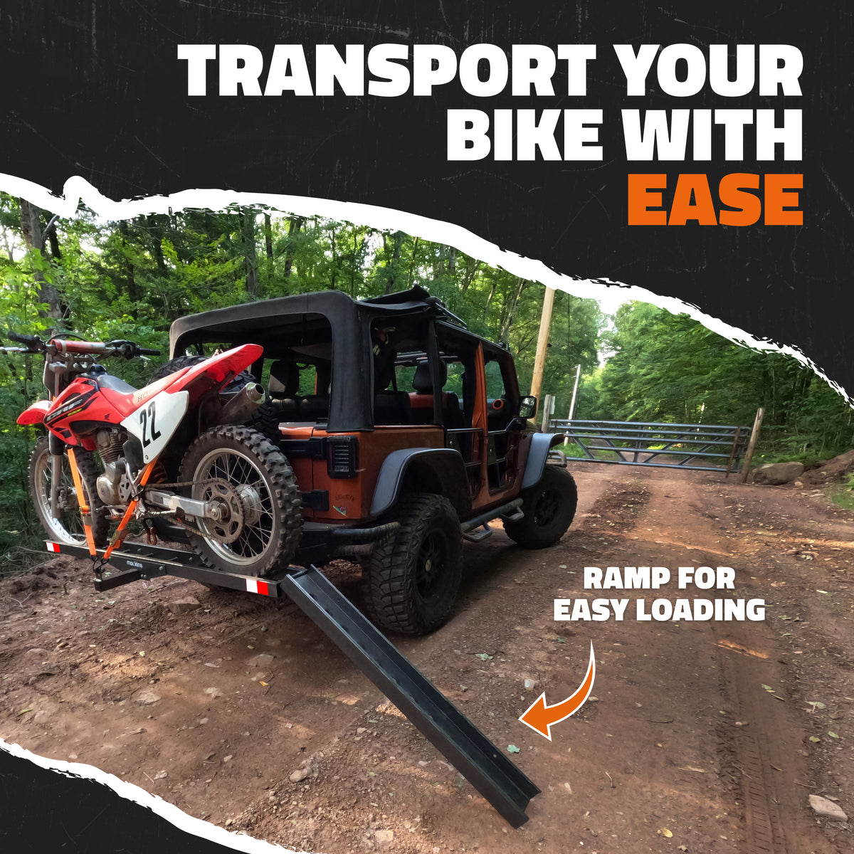 Hitch Mount Motorcycle Carrier &amp; Loading Ramp | 73&quot; | Anti-Tilt System