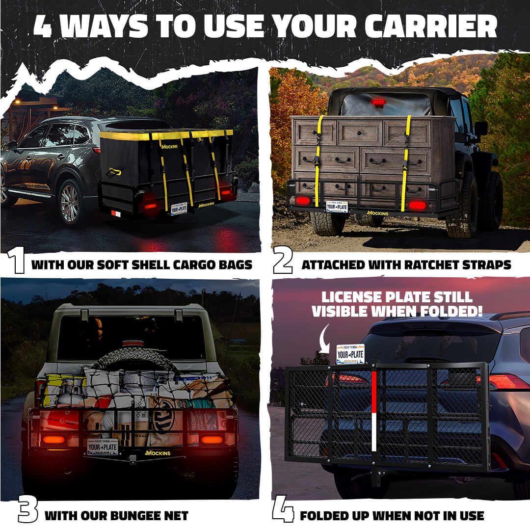 60"x24"x14" High Rail Hitch Carrier + Rear Lights & 30 Cu Ft Cargo Bag