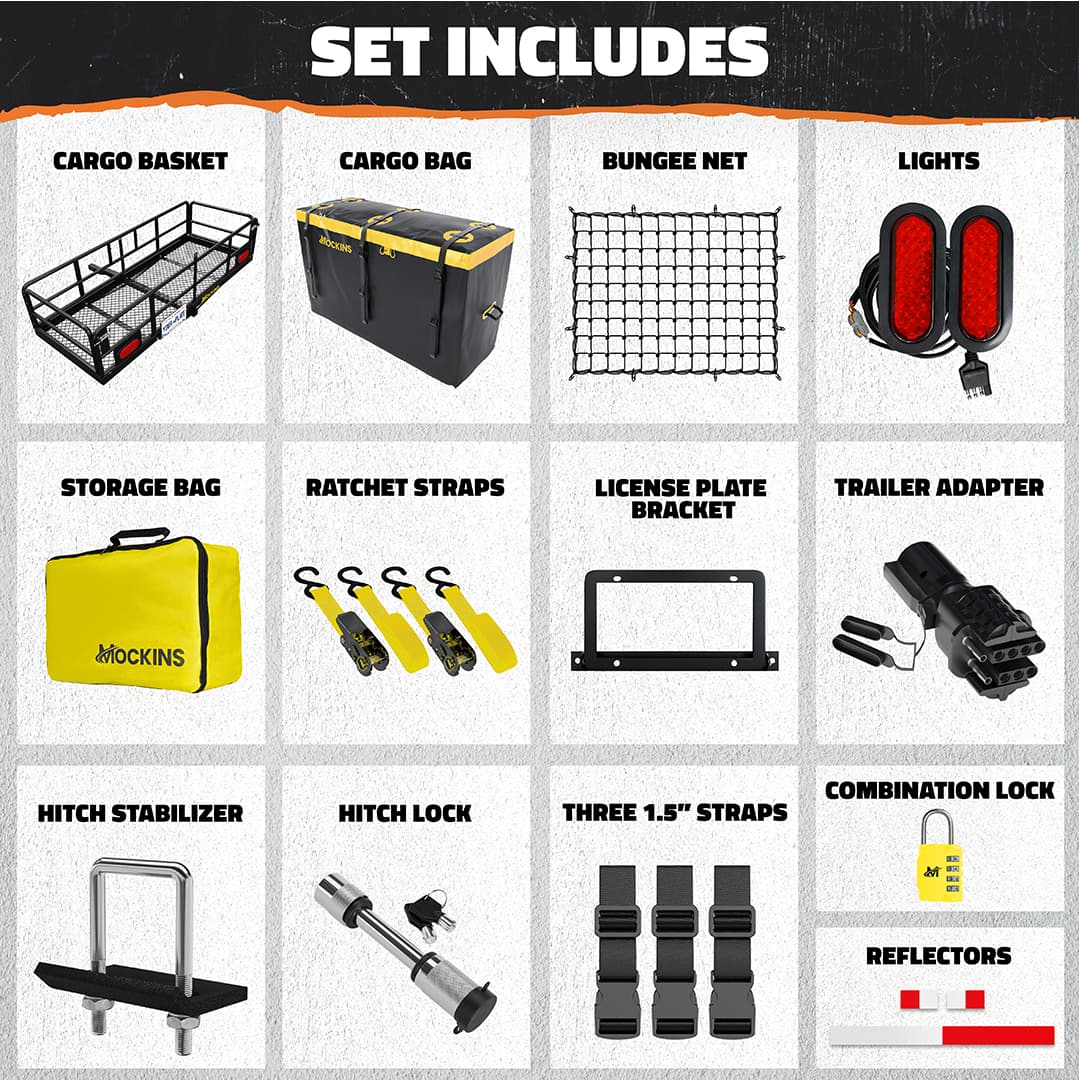 60"x24"x14" High Rail Hitch Carrier + Rear Lights & 30 Cu Ft Cargo Bag