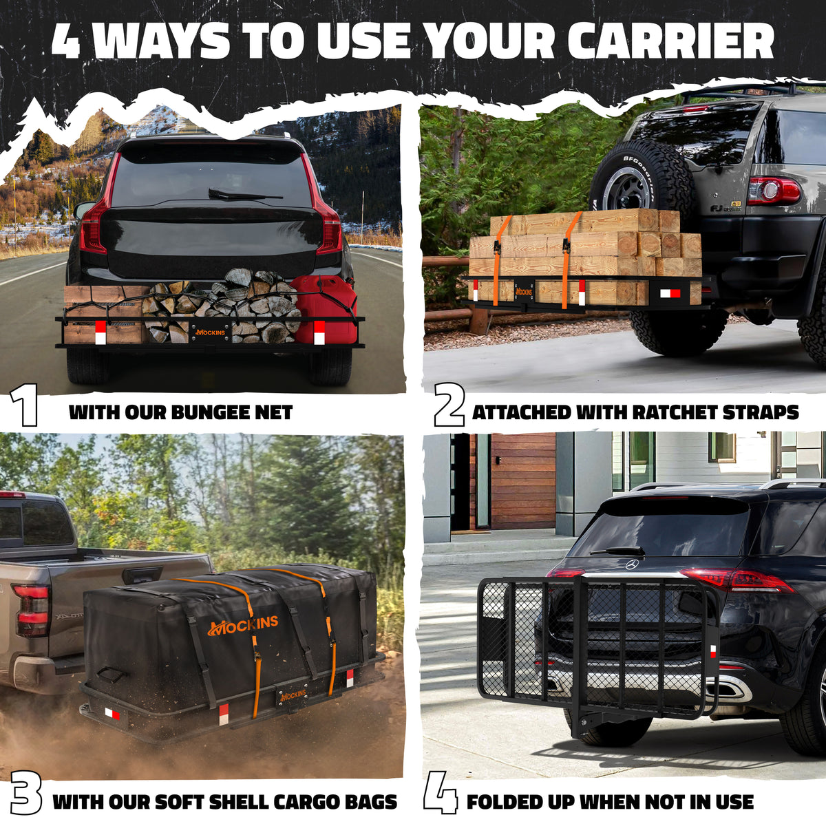 60&quot;x24&quot;x6&quot; Cargo Carrier Hitch Mount | 500lbs Cap. Cargo Basket with 2&quot; Ground Clearance and Foldable Raise Arm