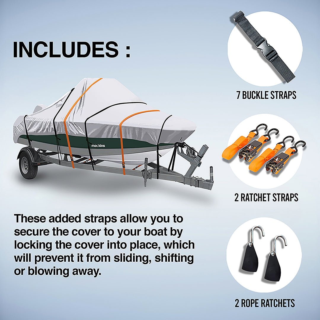Water Resistant Boat Cover Includes 7 Buckle Straps ,2 Ratchet Straps &amp; 2 Rope Ratches. These Added Straps Allow You To Secure The Cover To Your Boat By Locking The Cover Into Place, Which Will Prevent It From Sliding ,Shifting Or Blowing Away