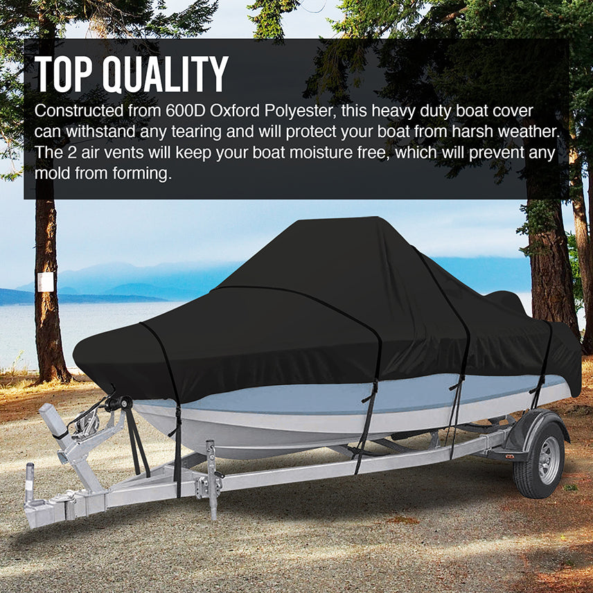 Constructed From 600D Oxford Polyester, This Heavy Duty Boat Cover Can Withstand Any Tearing And Will Protect Your Boat From Harsh Weather. The 2 Air Vents Will Keep Your Boat Moisture Free, Which will Prevent Any Mold From Forming