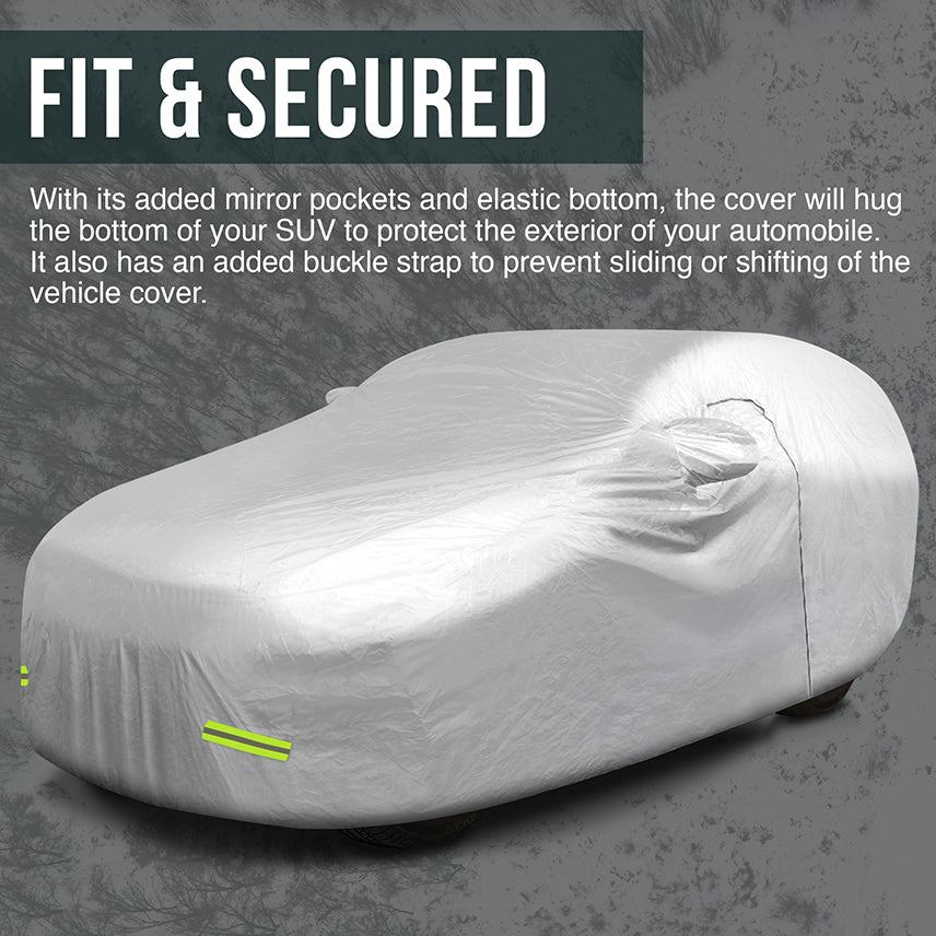 Mockins Waterproof Car &amp; SUV Cover Has Mirror Pockets And Elastic Bottom to Protect The Exterior .It Also Has An Added Buckle Strap To Prevent Sliding Of The Vehicle Cover