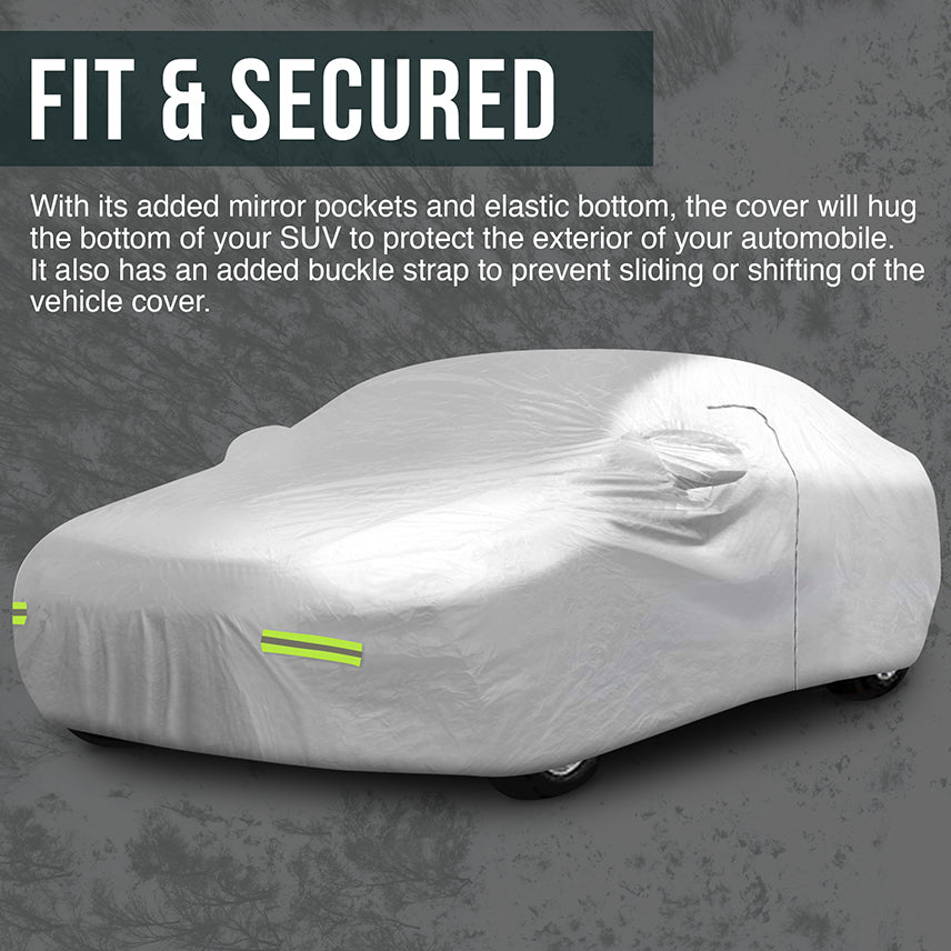 Mockins Waterproof Car & SUV Cover Has Mirror Pockets And Elastic Bottom to Protect The Exterior .It Also Has An Added Buckle Strap To Prevent Sliding Of The Vehicle Cover