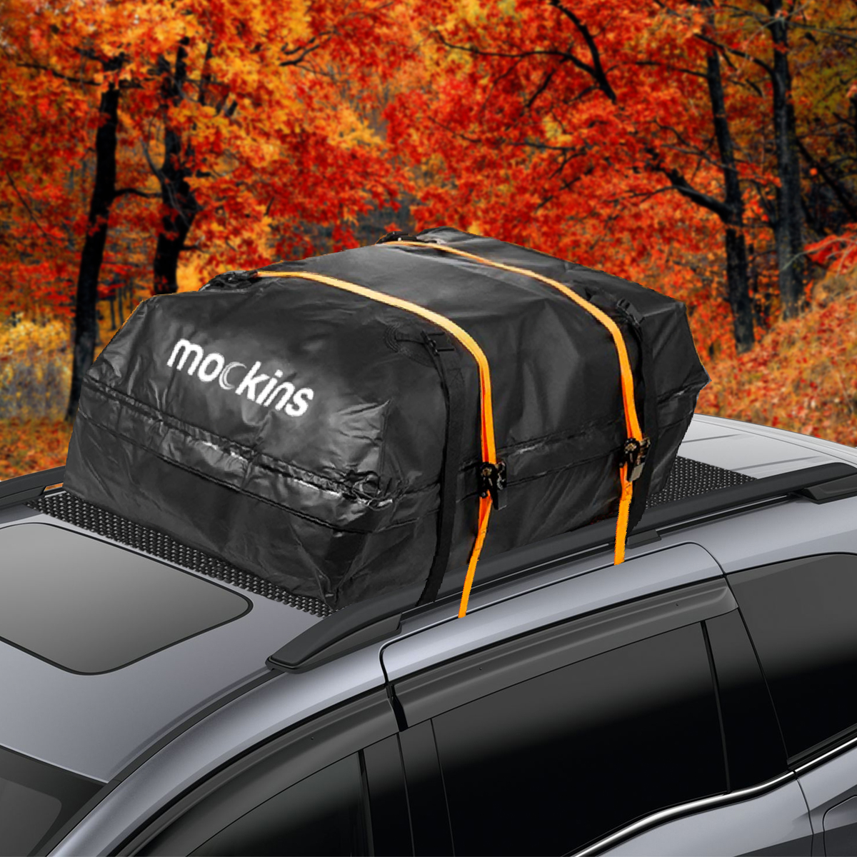 Mockins Car Roof Mat With Roof Bag And Ratchet Straps On Top Of Car
